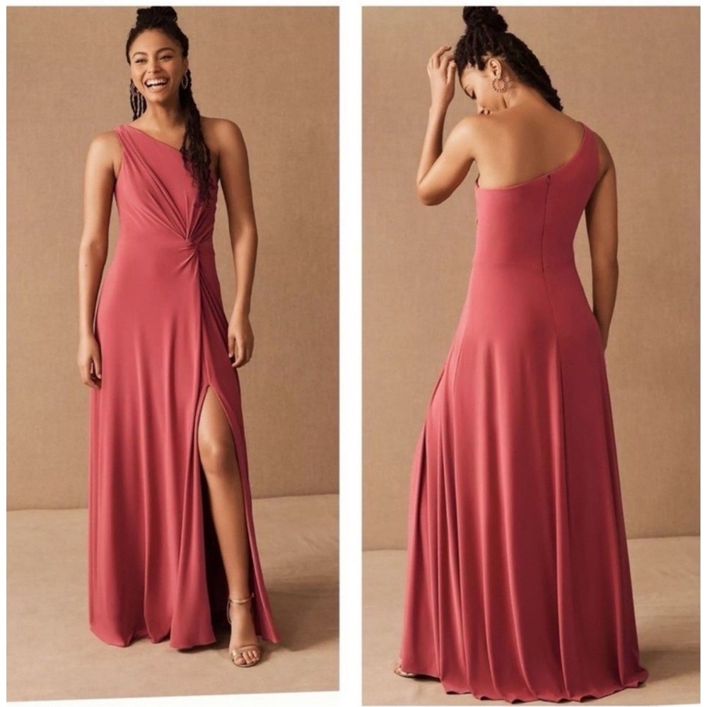 BHLDN One Shoulder Maxi Dress Pink Knotted Waist Slit Gown US 18 Bridesmaid
